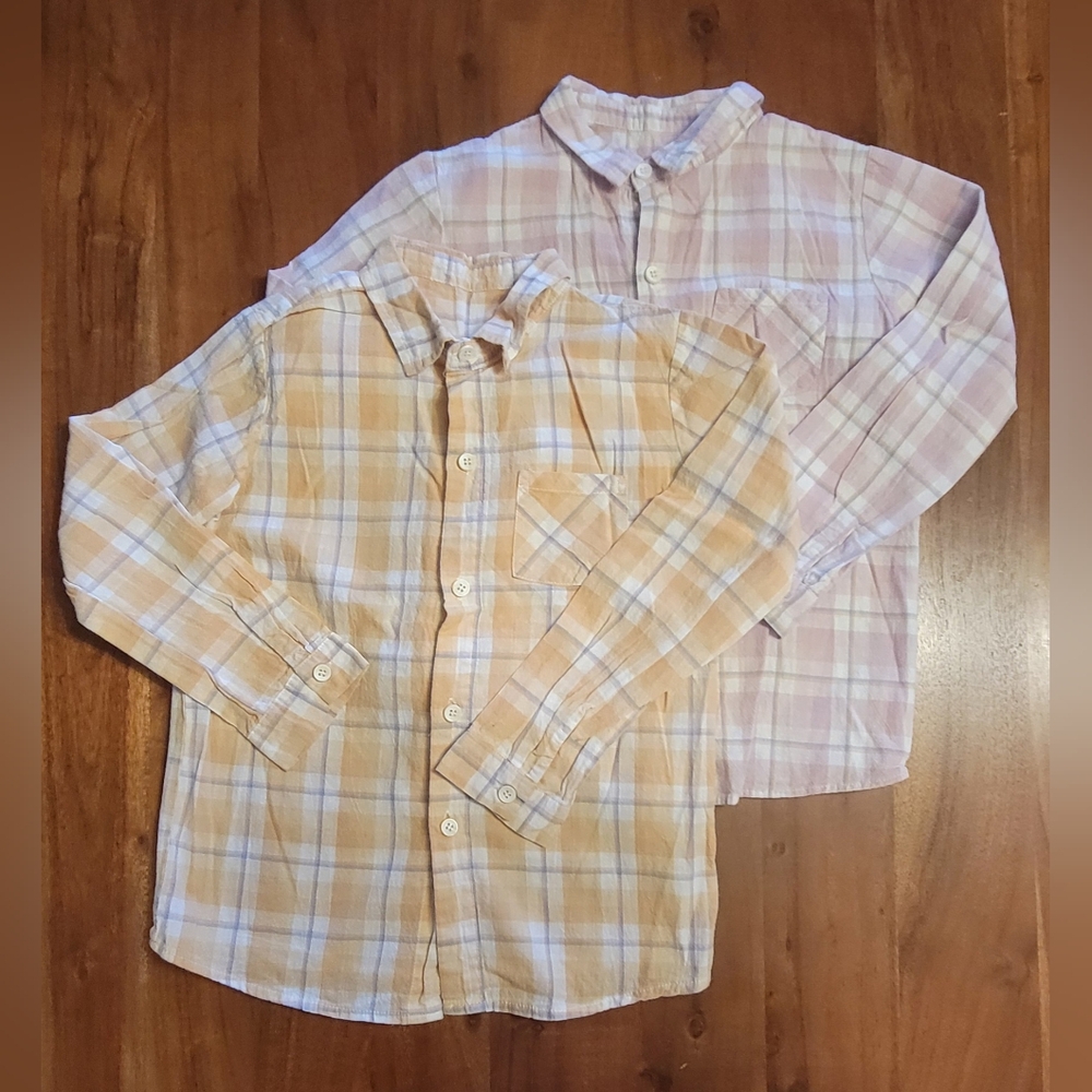 Two (2) Toddler Boys Girls Button Down Plaid Pink Orange Shirts